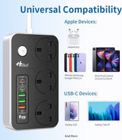 Hulker power strip with compatibility icons for Apple and USB-C devices on a light blue background