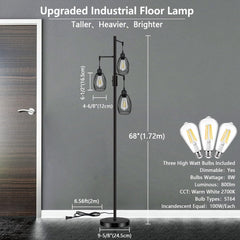 Industrial floor lamp with dimensions and bulb specifications on a gray wall background