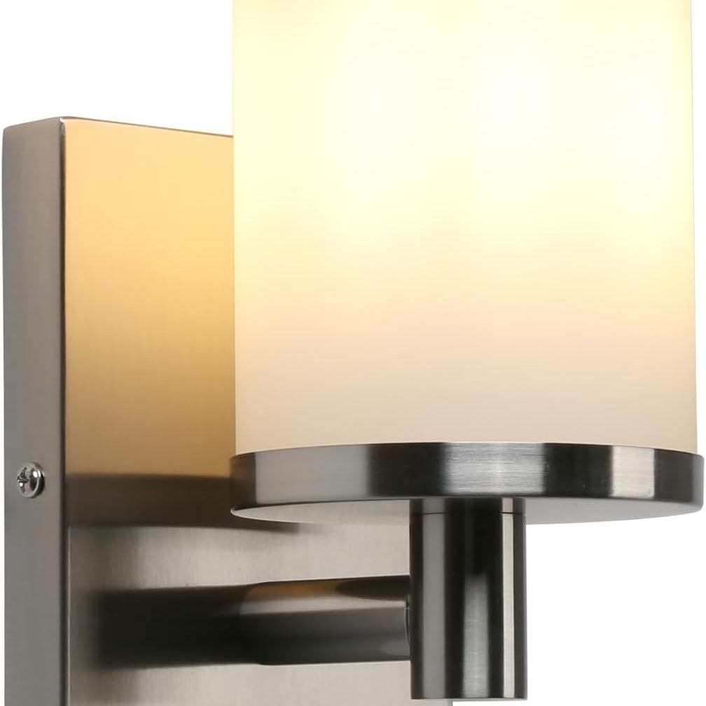 Industrial white glass wall light with brushed metal base

