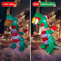 Inflatable dinosaur decoration with holiday lights and decorations, side by side comparison of 'Last Year' and '2024 Update Light'.