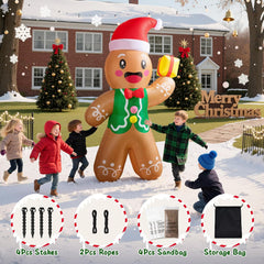Inflatable gingerbread man decoration with children playing in the snow, Christmas trees, and house in the background.