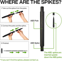 Instructions for assembling ski poles with spikes, showing hands holding poles and a diagram of the assembly process.