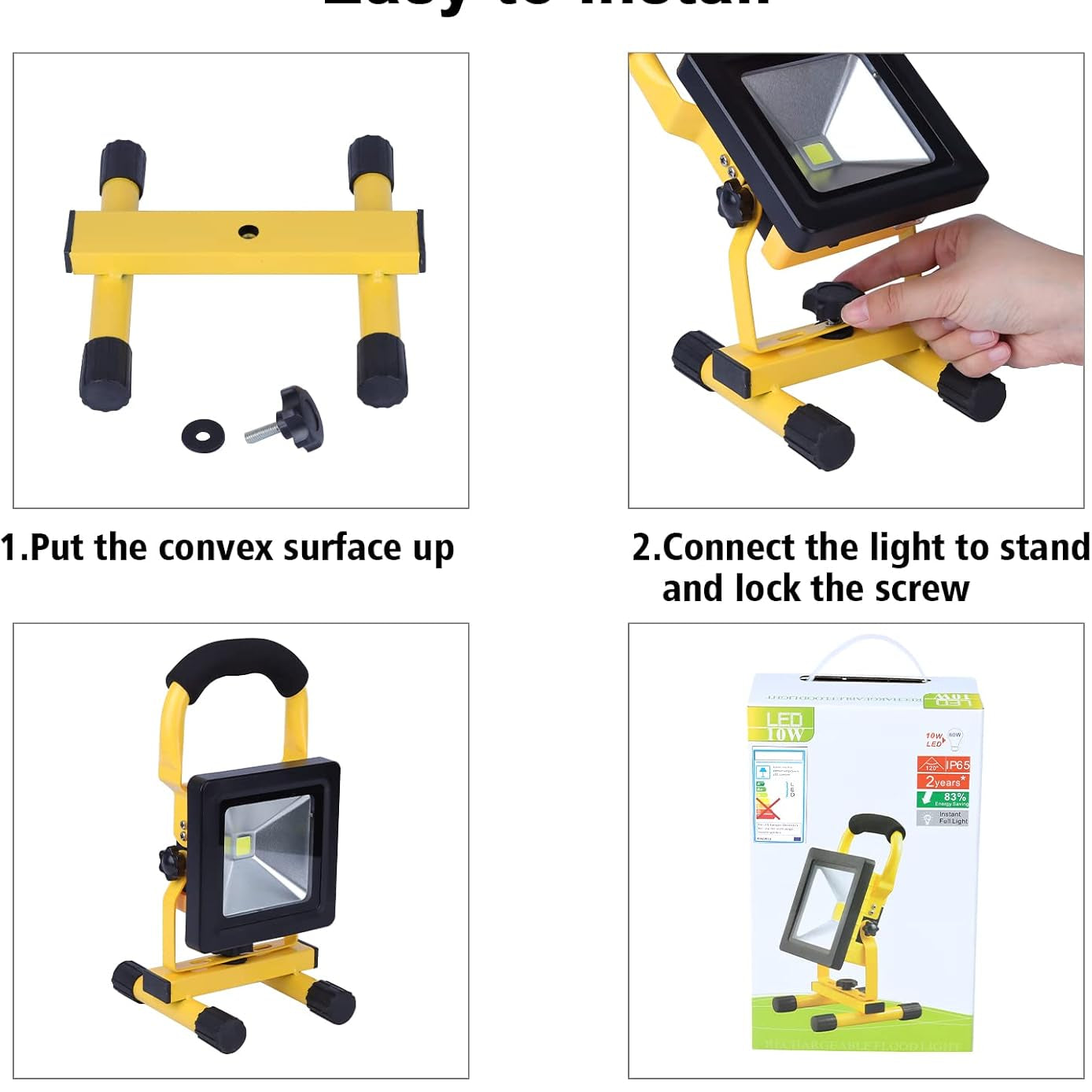 Instructions for installing a portable work light with a yellow stand and black light fixture.