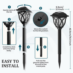 Instructions for installing a solar garden light with illustrations and measurements.