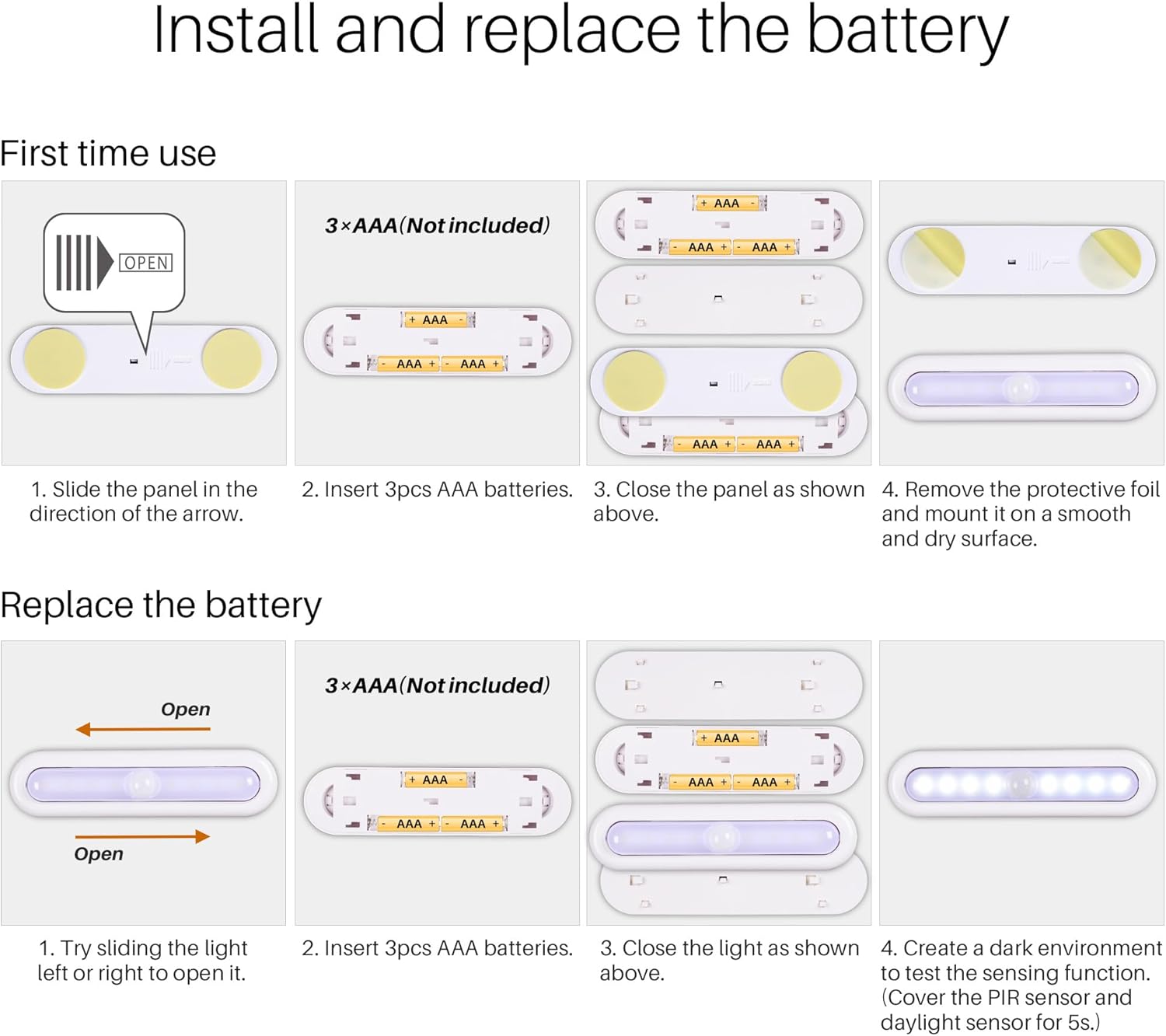 Instructions for installing and replacing a battery in a device.