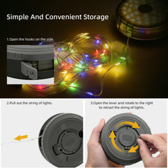 Instructions for storing a string of colorful lights with a clear focus on the storage mechanism.