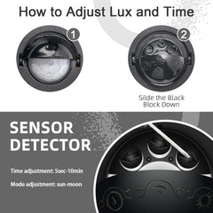 Instructions on how to adjust lux and time for a sensor detector with close-up views.