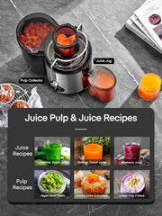 Juicer with pulp collector and juice jug on a gray surface, featuring juice recipes and pulps.
