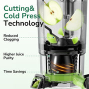 Juicer with sliced apples and text highlighting features like cutting and cold press technology.