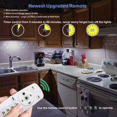 Kitchen scene with a remote control held by a hand, displaying timer functions.