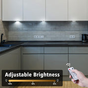 Kitchen with adjustable brightness feature shown on a remote control
