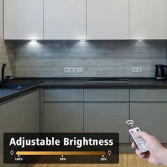 Kitchen with adjustable brightness feature shown on a remote control
