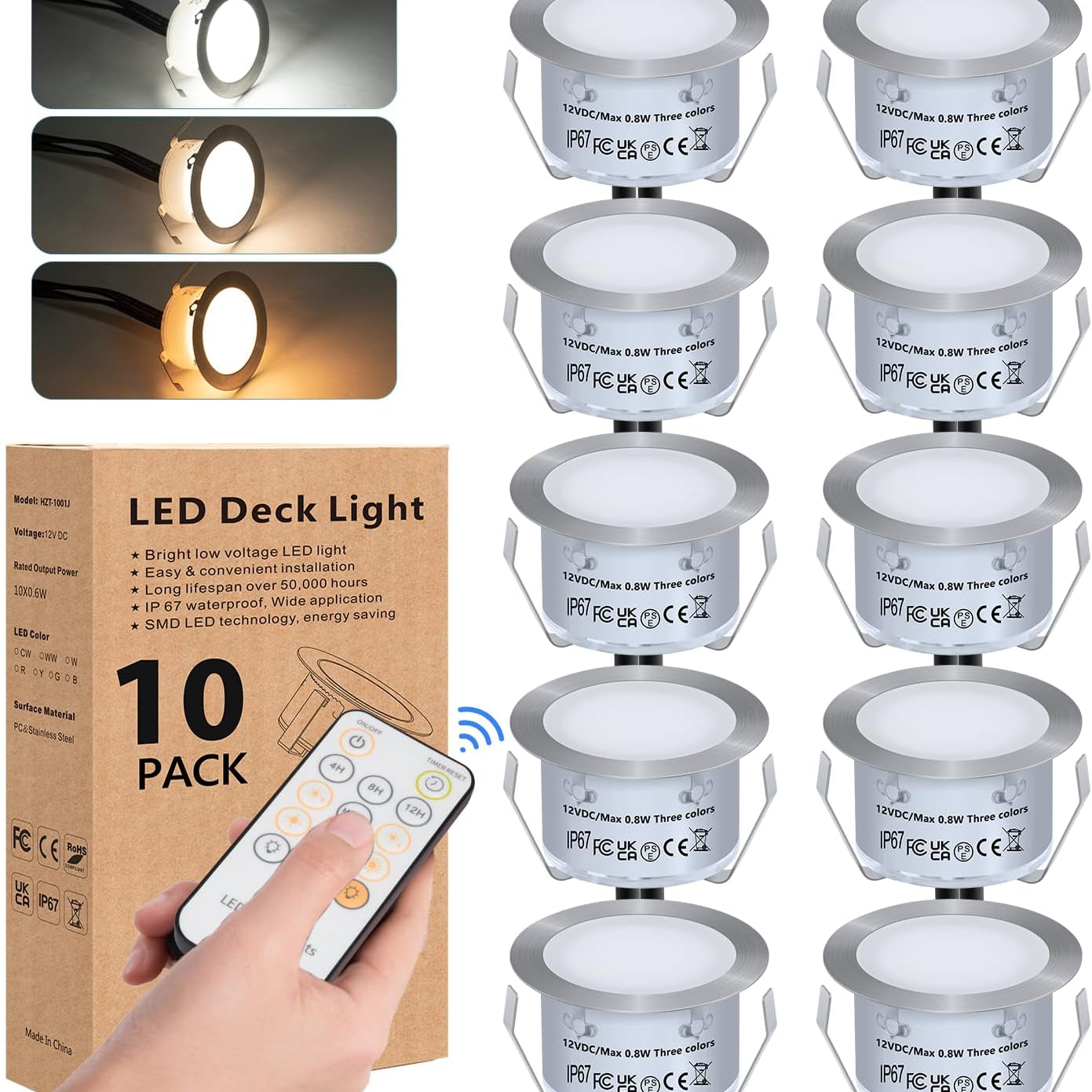 LED deck lights with remote control and packaging, showing different light colors.