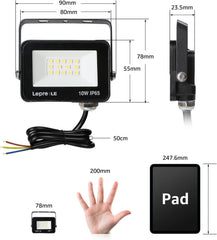 LED flood light with dimensions and comparison to a hand