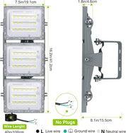 LED flood light with dimensions and wiring diagram on a white background