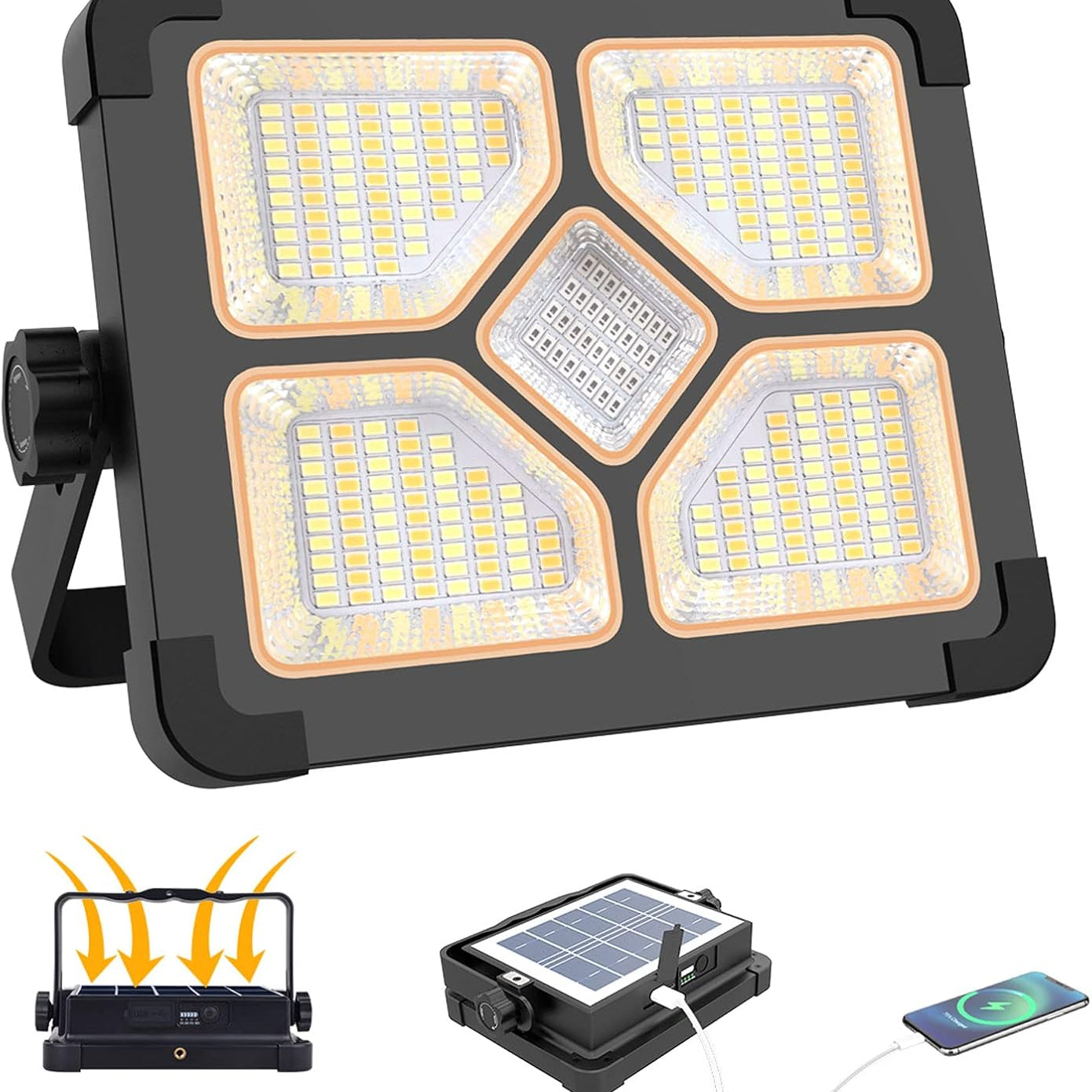 LED flood light with solar panel and charging cable on a white background