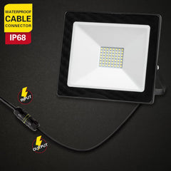 LED flood light with waterproof cable connector on a black background