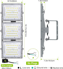 LED flood light with dimensions and wiring diagram on a white background