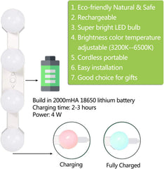 LED light bulb with charging indicator and features listed on a green background