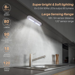 LED light fixture in a kitchen with specifications displayed