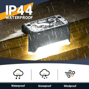 LED light fixture on a wooden surface with raindrops, labeled IP44 waterproof.