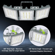 LED light fixture with adjustable angle features on a dark background