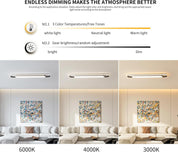 LED light fixture with color temperature and brightness adjustment options in a living room setting.
