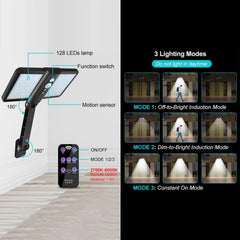 LED light fixture with remote control and motion sensor, showing lighting modes on a black background.