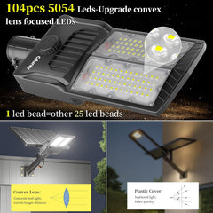 LED light fixture with solar panel, convex lens, and detailed text on features.