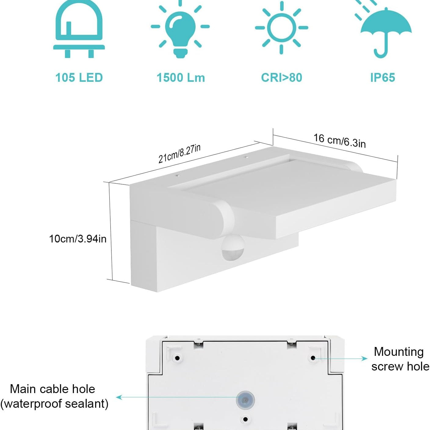 LED light fixture with specifications and dimensions on a white background