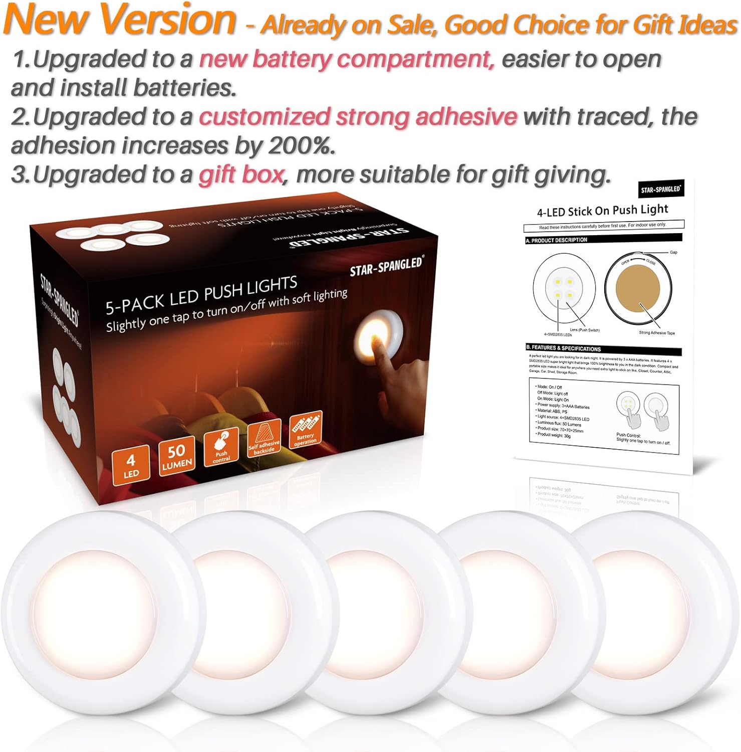 LED push lights with packaging and promotional text on a white background