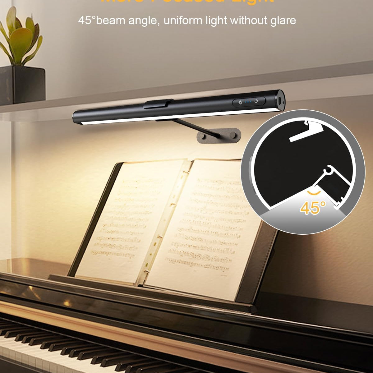 LED reading light on a piano with a 45-degree beam angle feature.