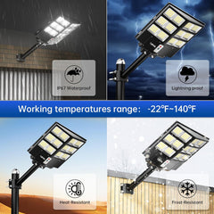 LED street light with various features highlighted on a blue banner