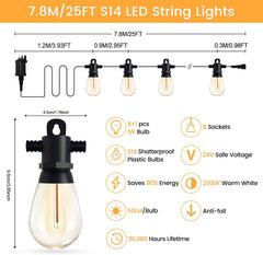 LED string lights with specifications and features on a white background