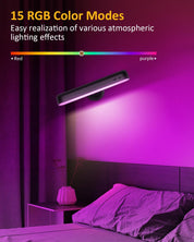 LED strip light changing color in a bedroom setting with text about RGB color modes.