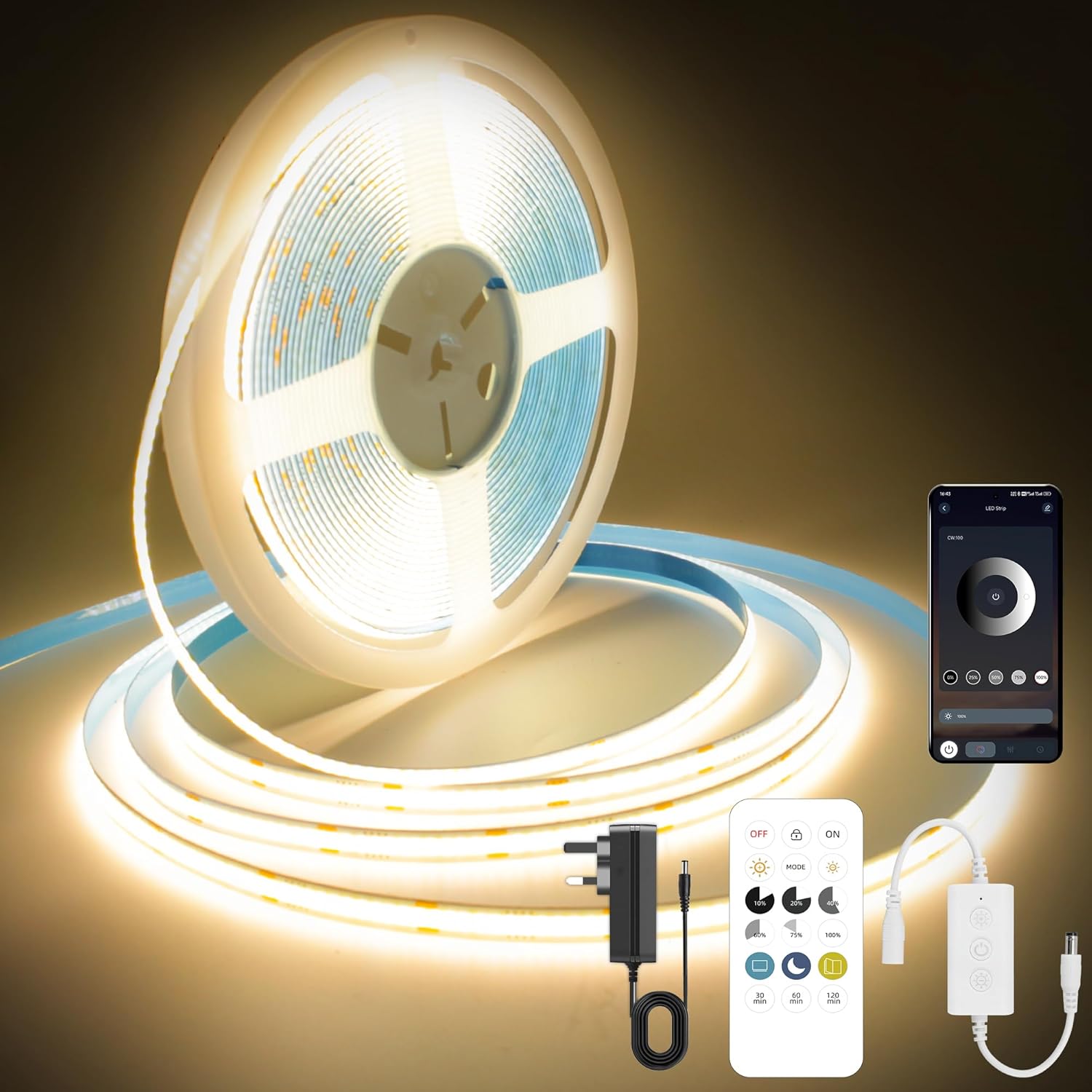 LED strip light set with remote control, power adapter, and smartphone app on a dark background