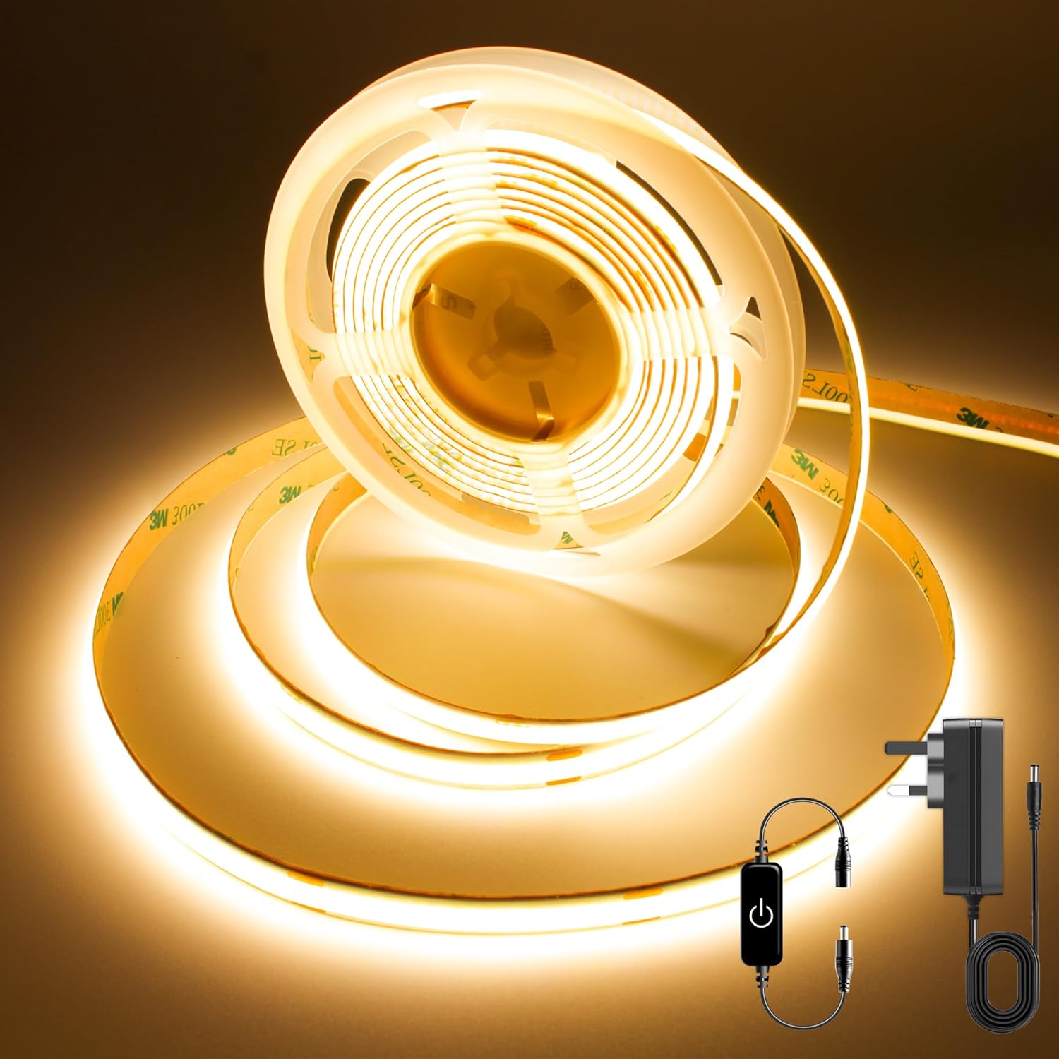 LED strip light with power adapter on a dark background