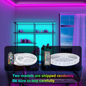 LED strip lights with remote controls in a room with purple and blue lighting.