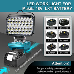 LED work light for Makita 18V LXT battery with compatibility information on a gray background.