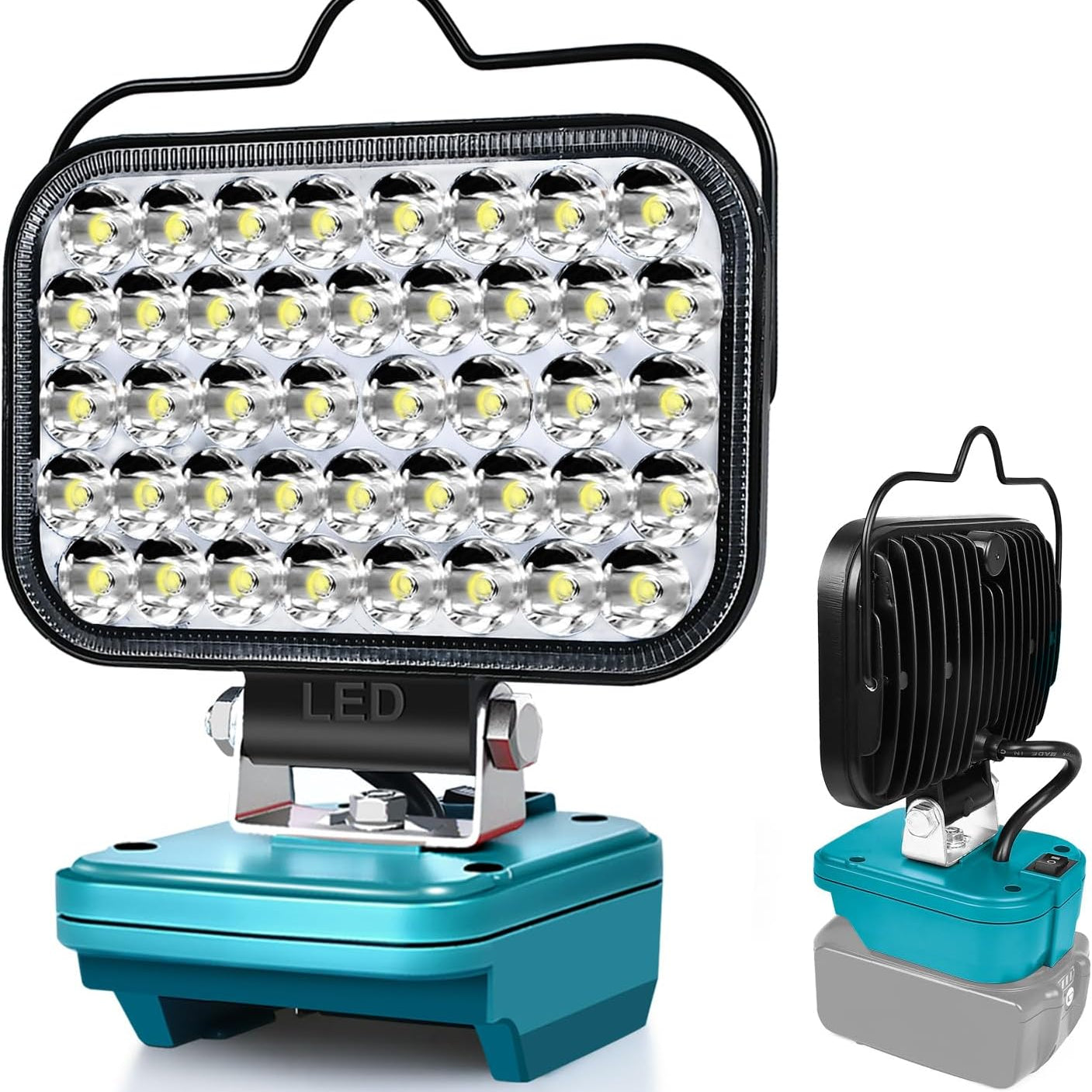 LED work light with blue base and black housing on a white background