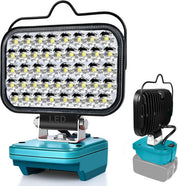 LED work light with blue base and black housing on a white background