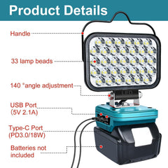 LED work light with features highlighted on a white background
