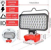 LED work light with specifications and dimensions on a white background