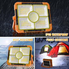 LED work light with waterproof and frost-resistant features, shown in various settings.