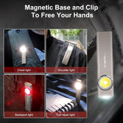 Light device with magnetic base and clip features, shown in various uses.