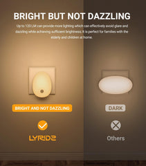 Light fixture comparison with 'Bright but Not Dazzling' text and LYRIDE branding.