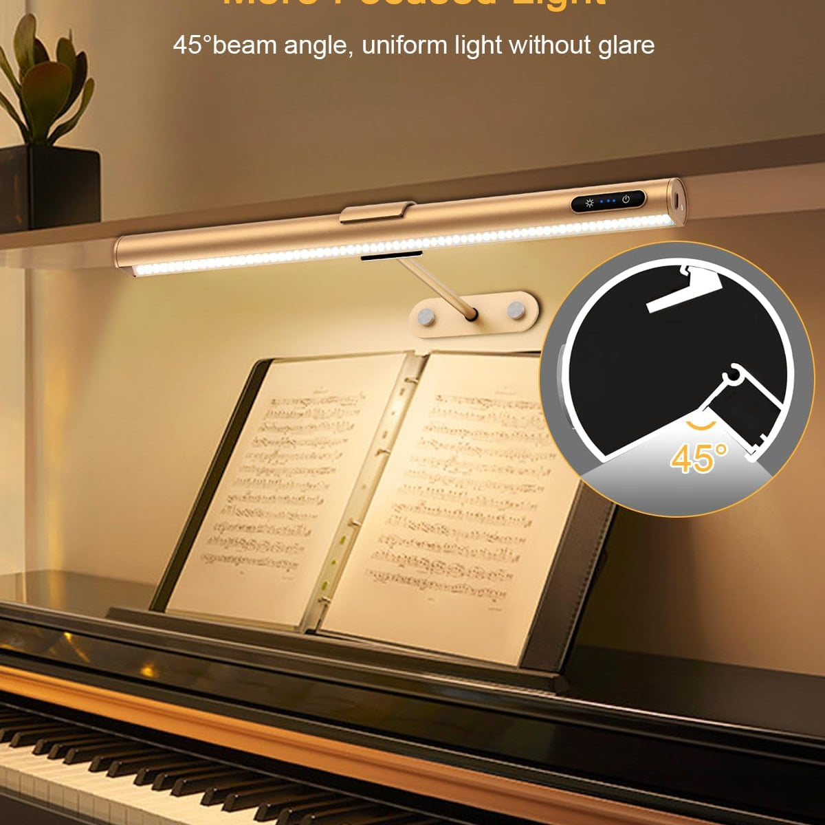 Light fixture on a piano with text about focused light and beam angle.