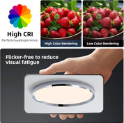 Light fixture with High CRI feature displayed alongside strawberries for color rendering comparison.