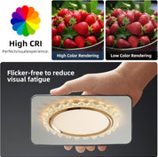 Light fixture with High CRI text and images of strawberries showing color rendering difference.