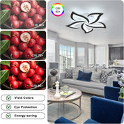 Light fixture with color rendering index (CRI) information and a living room setting.